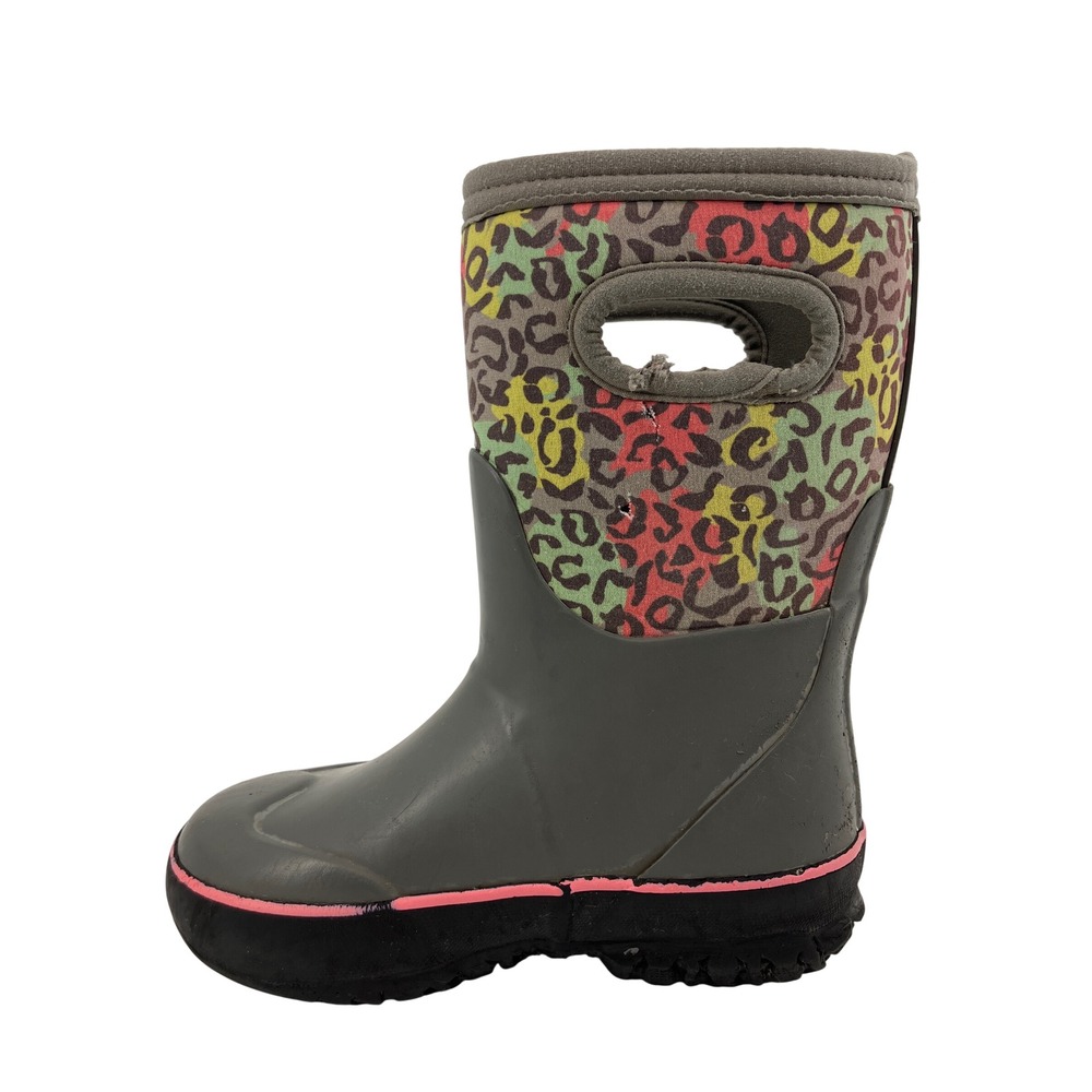 Bogs Rain Boots Girls Size 10 Grey Leopard Print Good Waterproof Pull On Handle